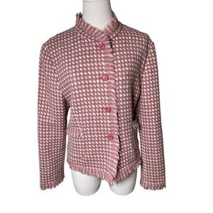 Pendleton Wool Basketweave Fringe Jacket Pink Cream Preppy Women 14